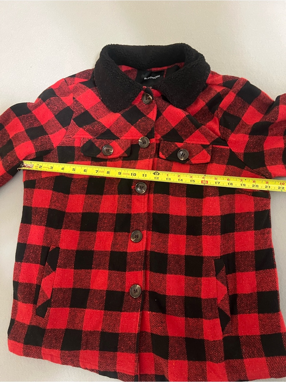 BloomChic Red & Black Buffalo Plaid Jean-Style Jacket with Black Sherpa Collar - Picture 6 of 7